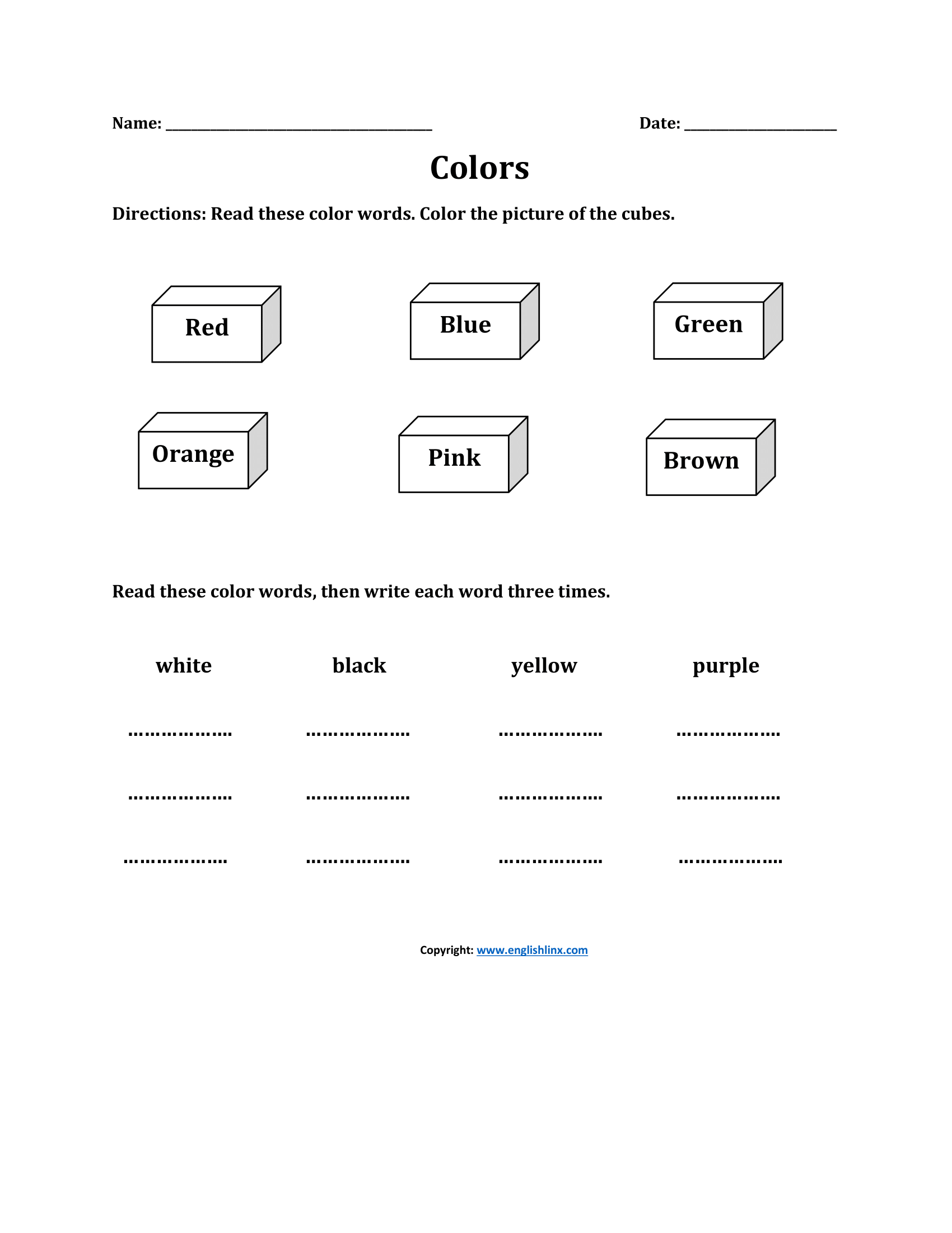 Colors Kindergarten Writing Worksheets