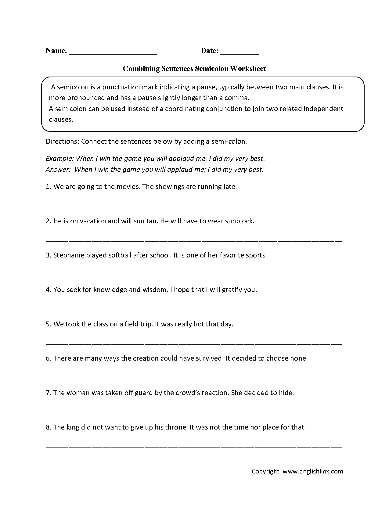 Combining Sentences Semicolon Worksheets