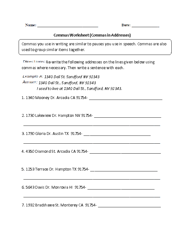 Commas in Addresses Worksheet