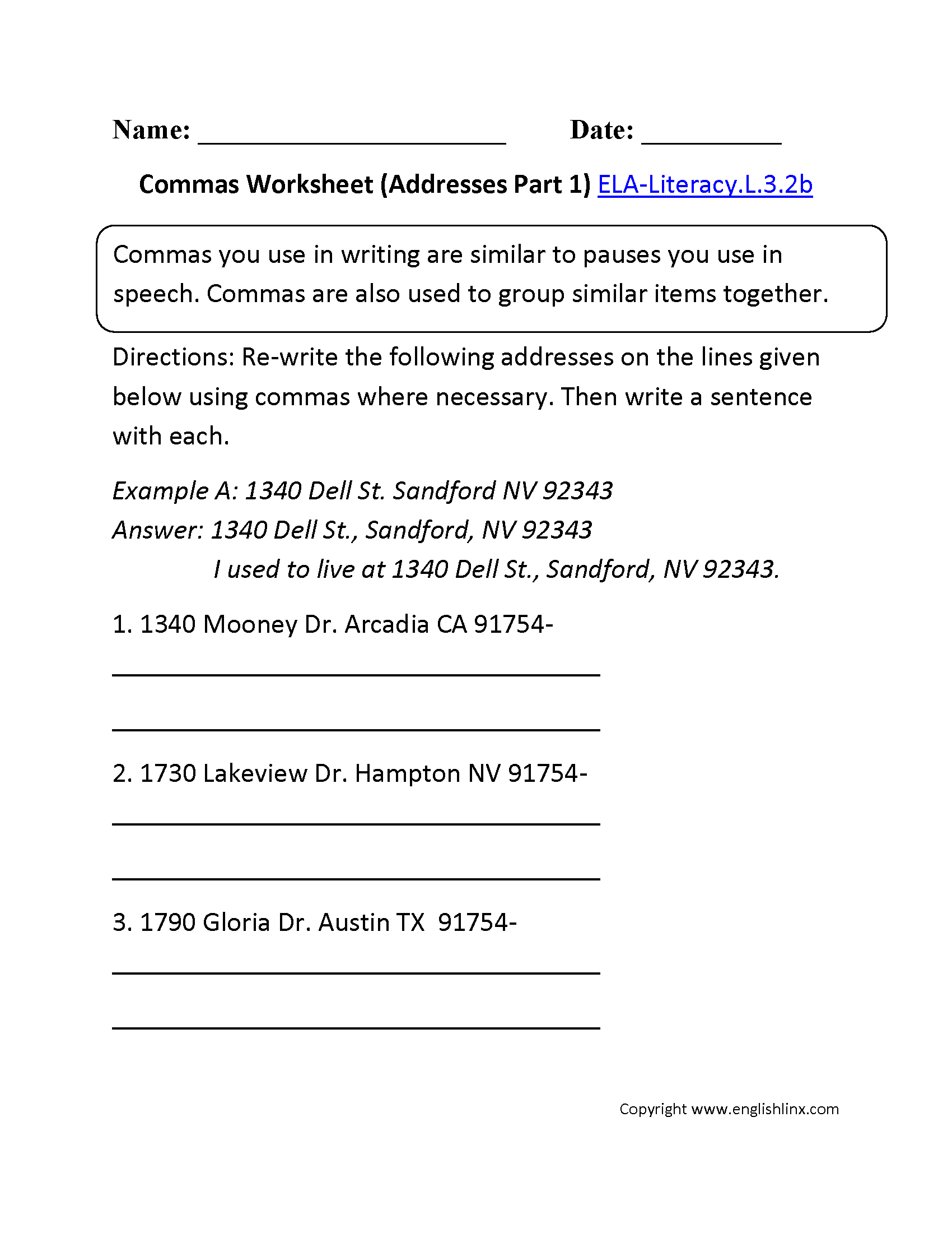 Commas Worksheet 1 ELA-Literacy.L.3.2b Language Worksheet