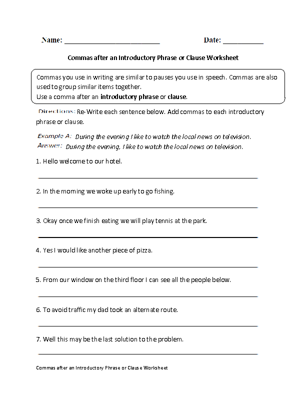 Commas after Introductory Phrase or Clause Worksheet