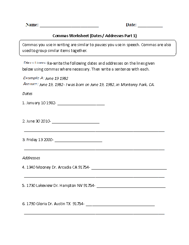 Commas in Dates and Addresses Worksheet