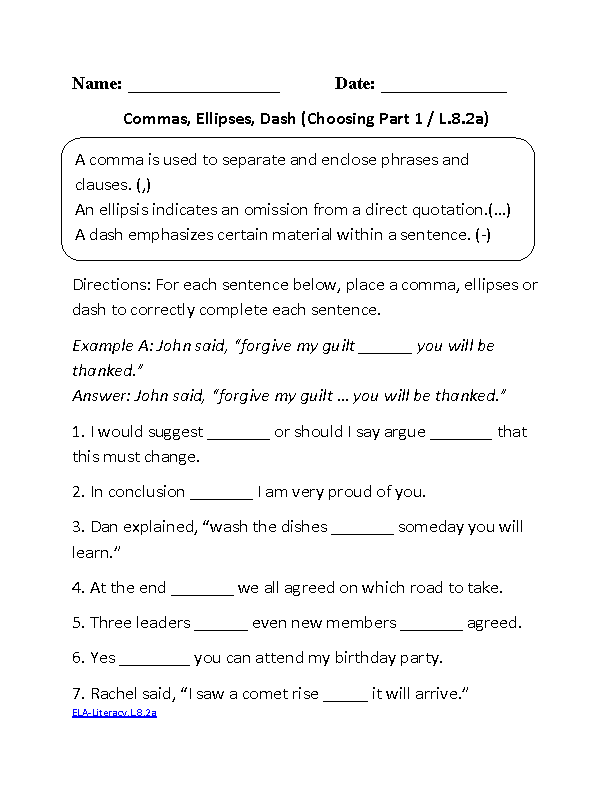 8th Grade Common Core Language Worksheets