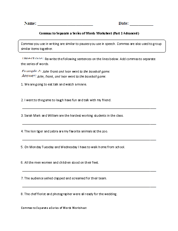 Commas to Separate a Series of Words Worksheet