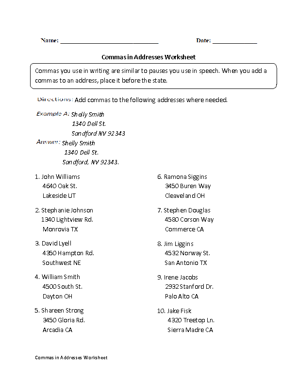 Commas Worksheets | Commas in Addresses Worksheet