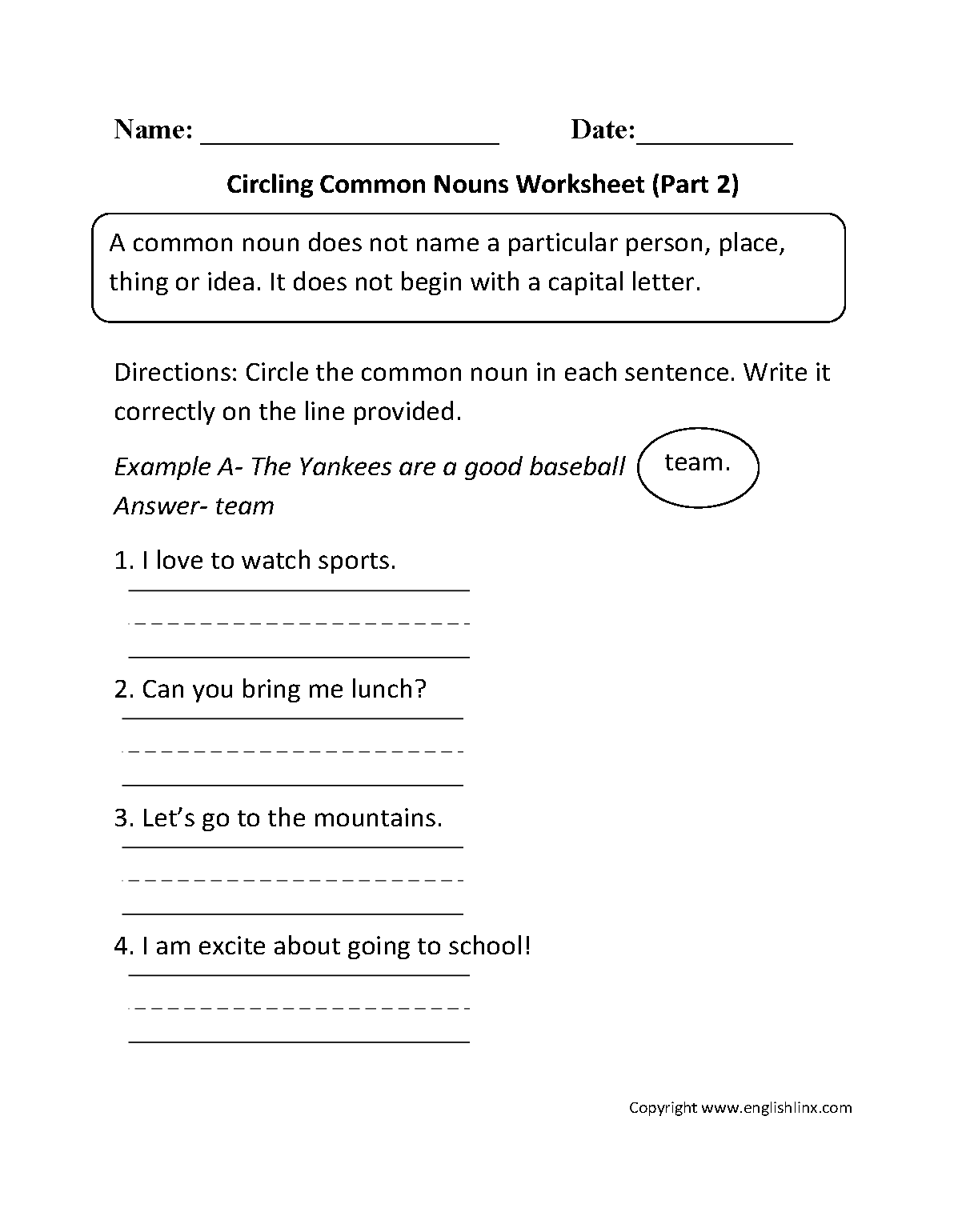 Circling Common Nouns Worksheet Part 2