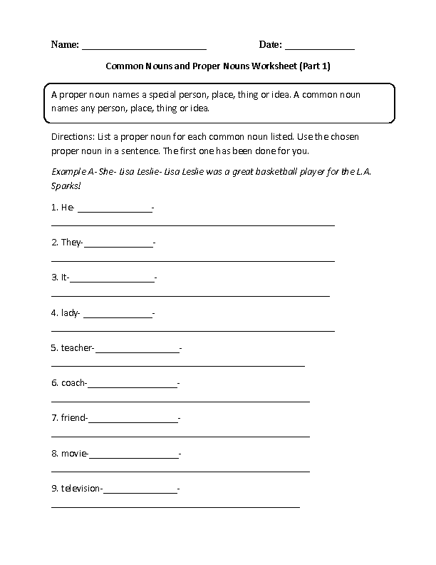 Proper and Common Nouns Worksheet