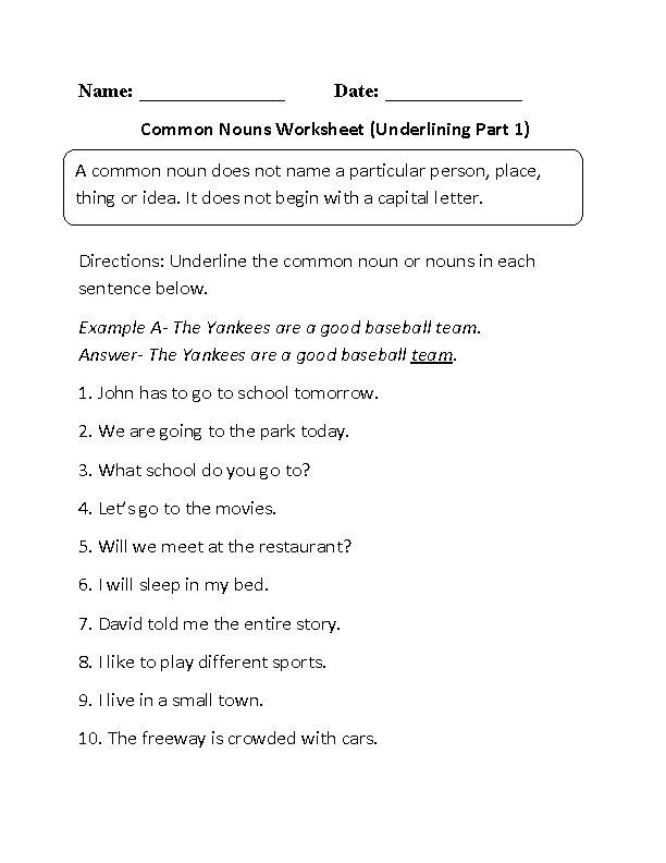 Underlining Common Nouns Worksheet