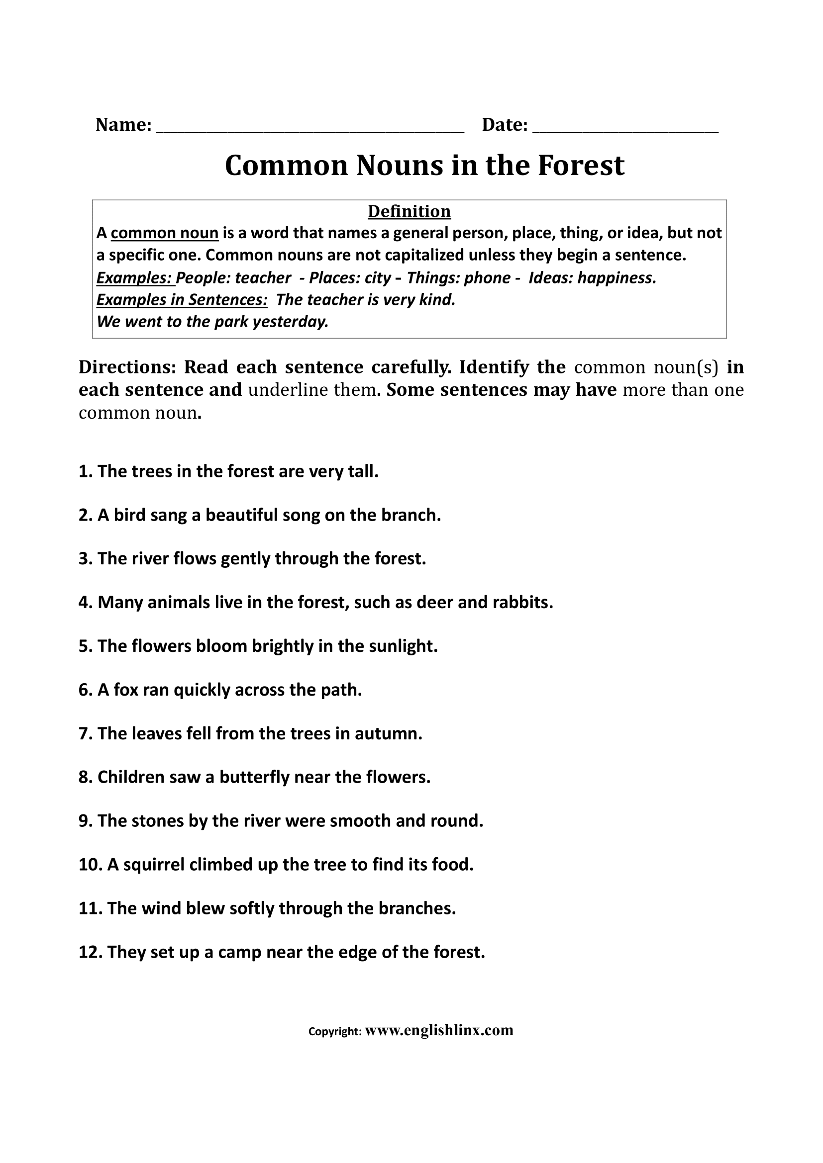 In the Forest Common Nouns Worksheets