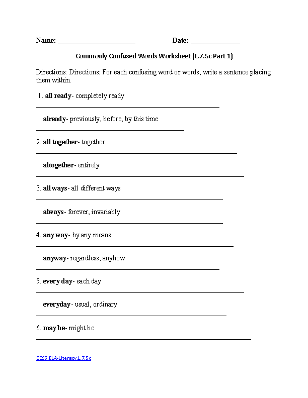 7th Grade Common Core Language Worksheets