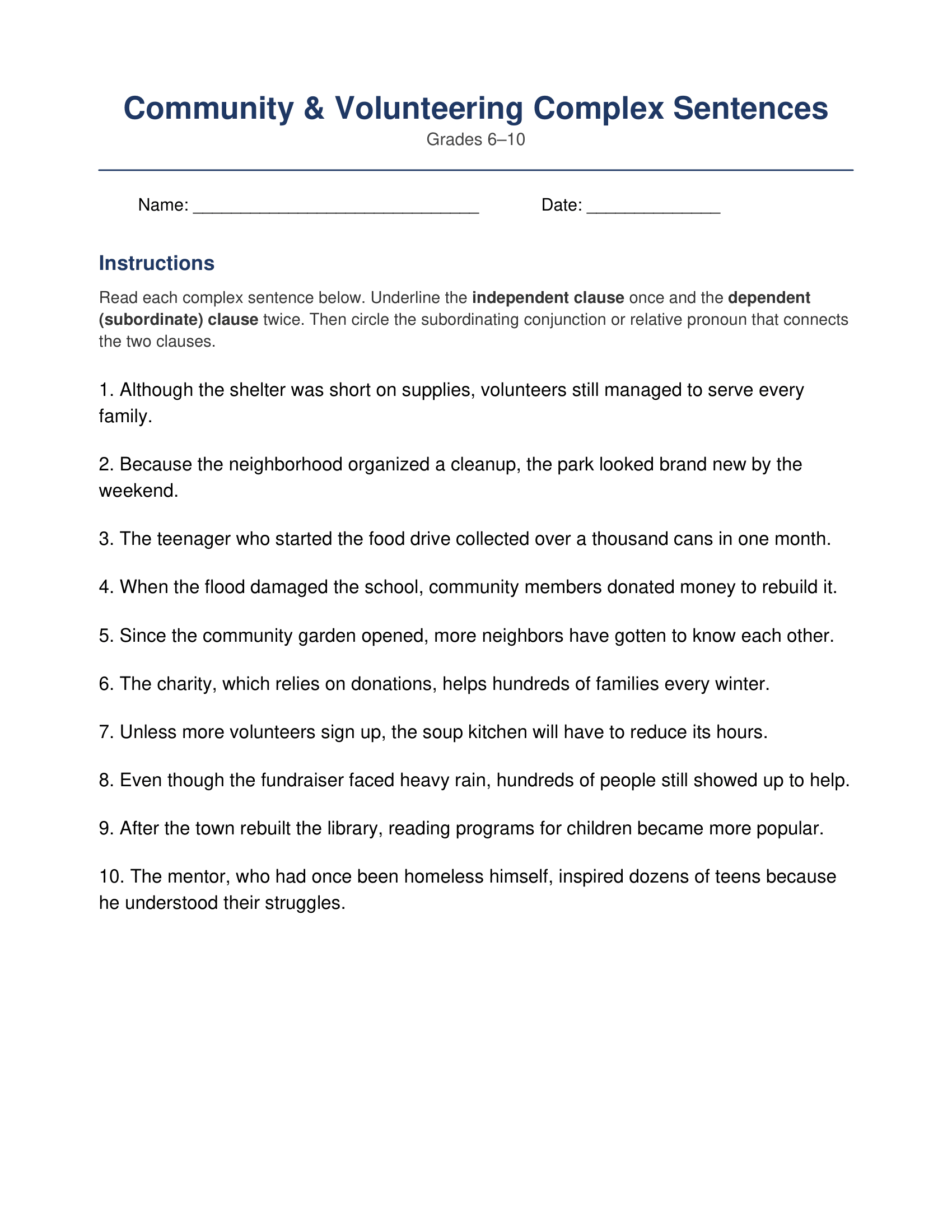Community Volunteering Complex Sentences Worksheets