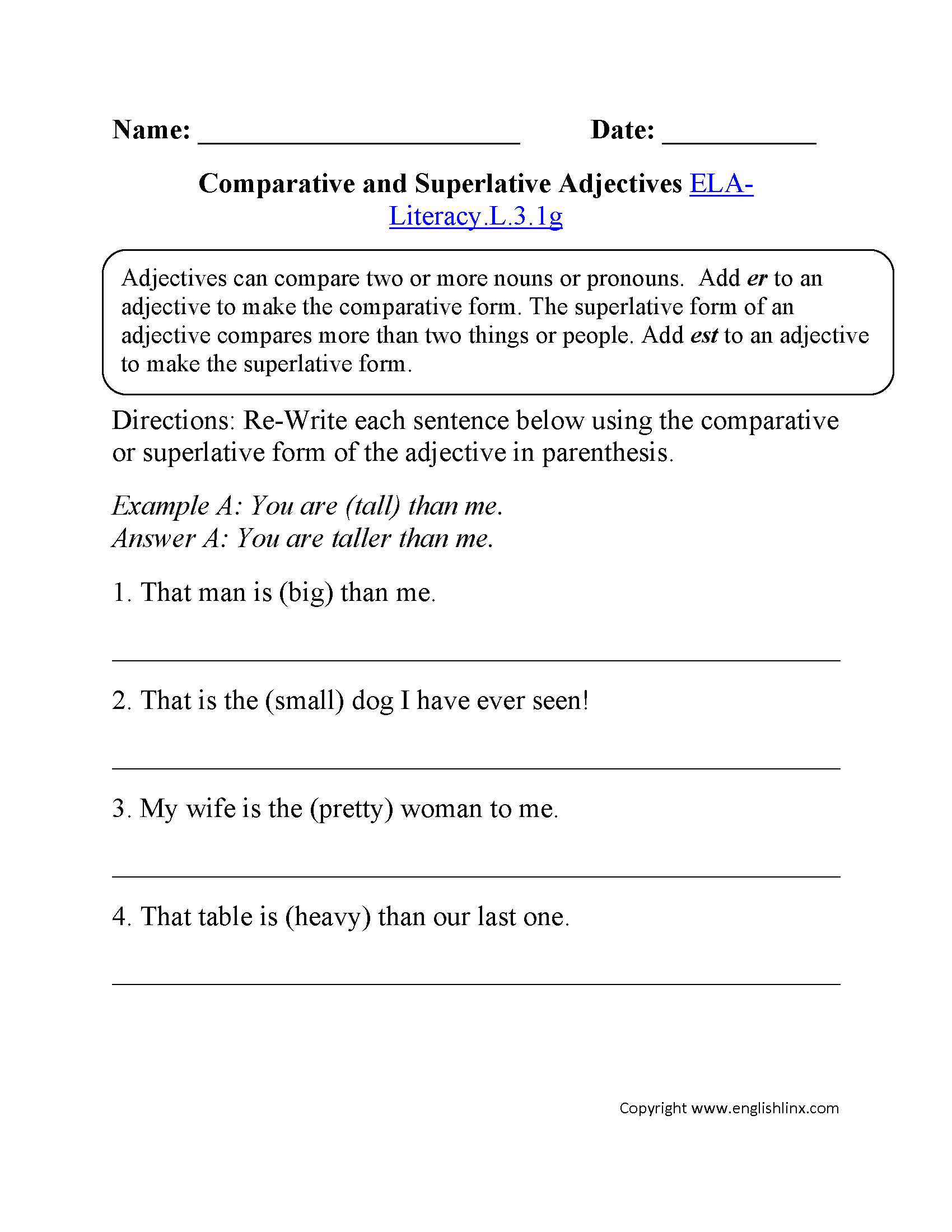 Comparative and Superlative Adjectives Worksheet 2 ELA-Literacy.L.3.1g Language Worksheet