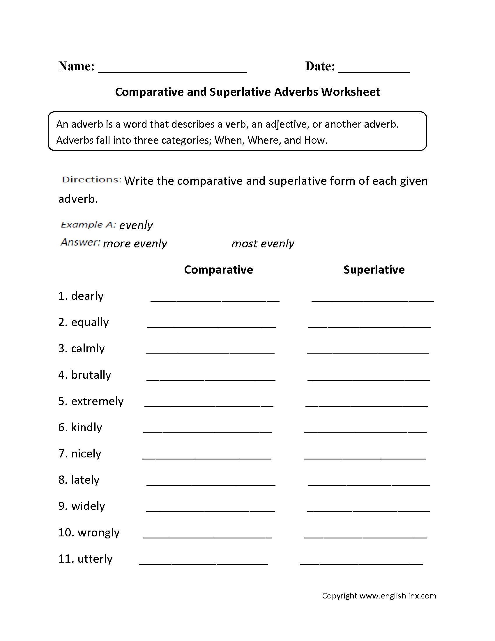 Comparative and Superlative Adverb Worksheets