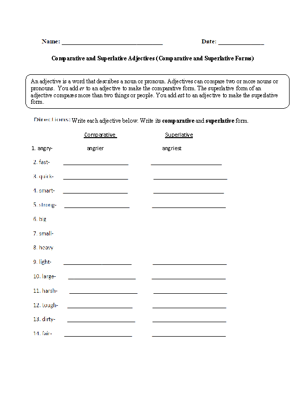 Comparative And Superlative Adjectives Worksheets Comparative And