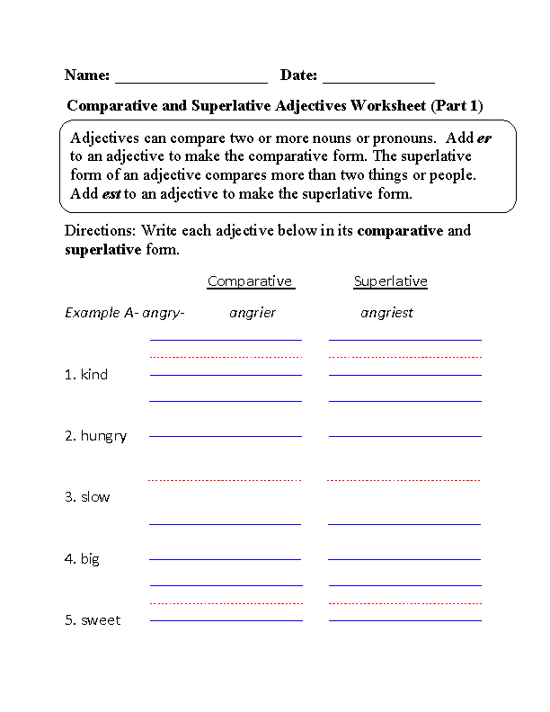 Comparative and Superlative Adjectives Worksheet Part 1