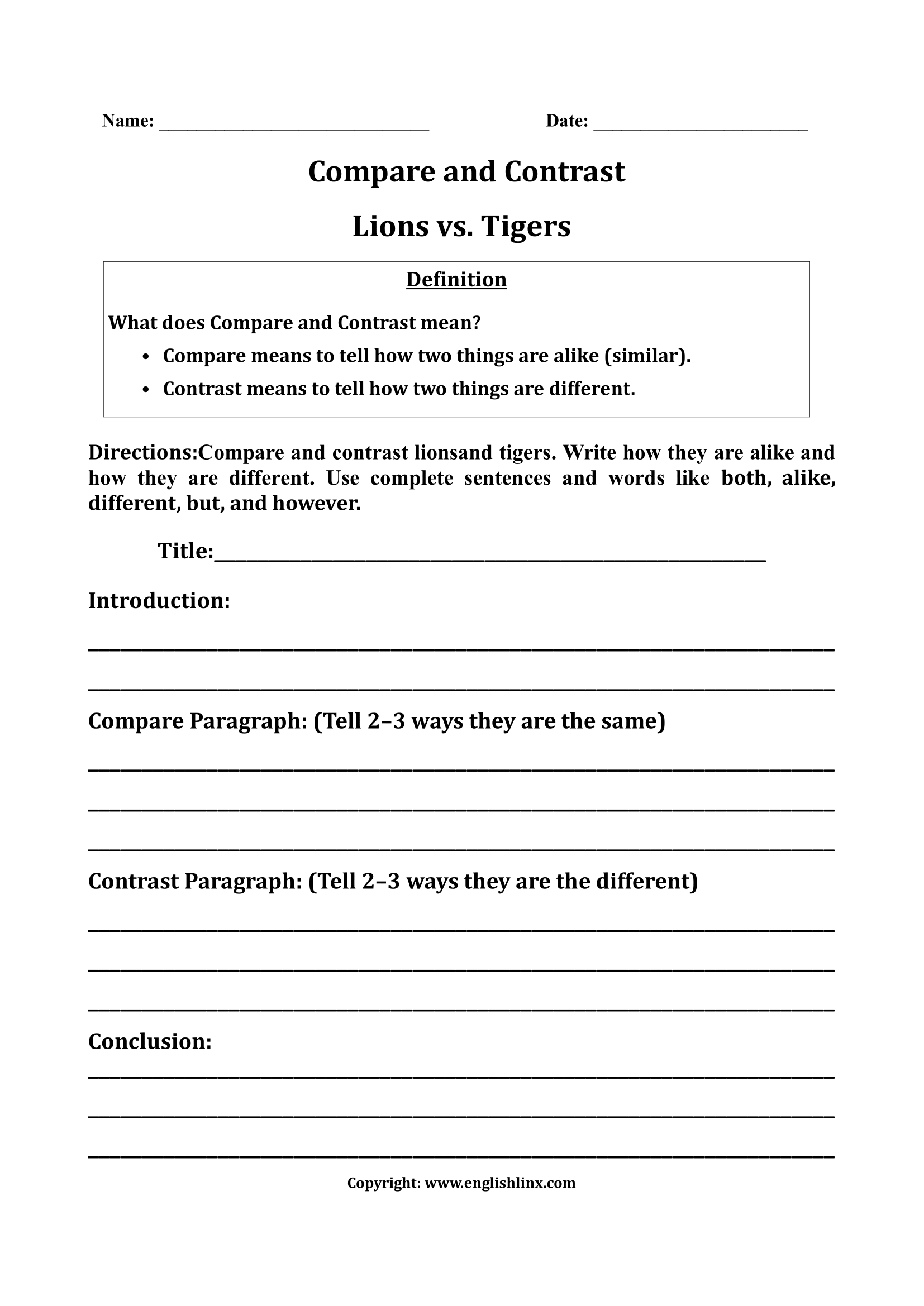 Compare and Contrast 3rd Grade Writing Worksheets