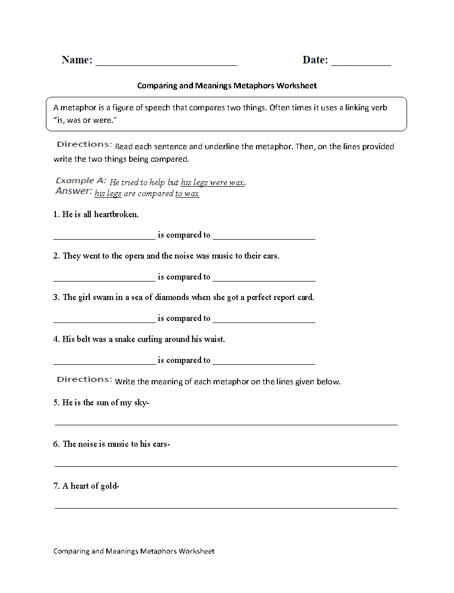 Metaphors Comparing and Meanings Worksheet