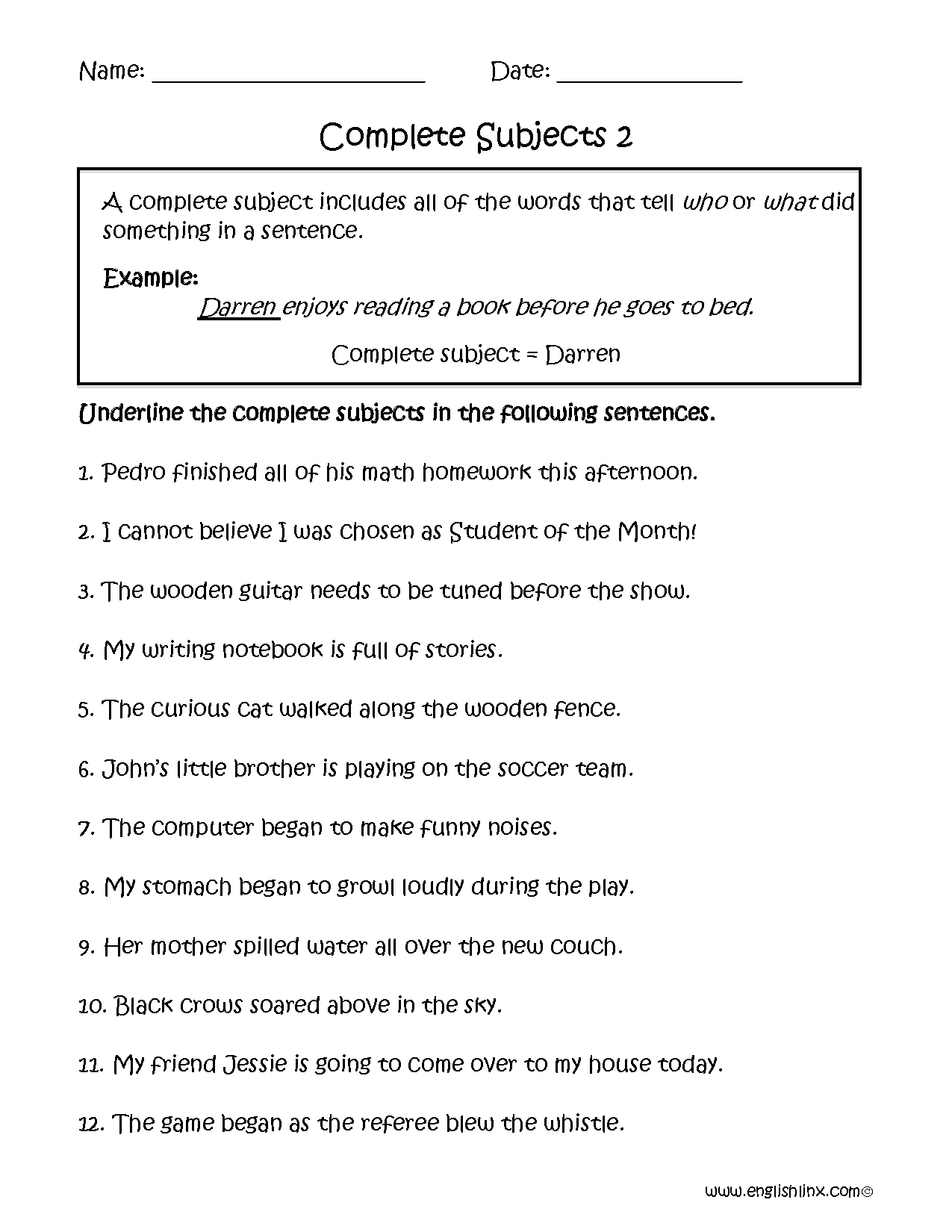 Complete Subjects Worksheet 2