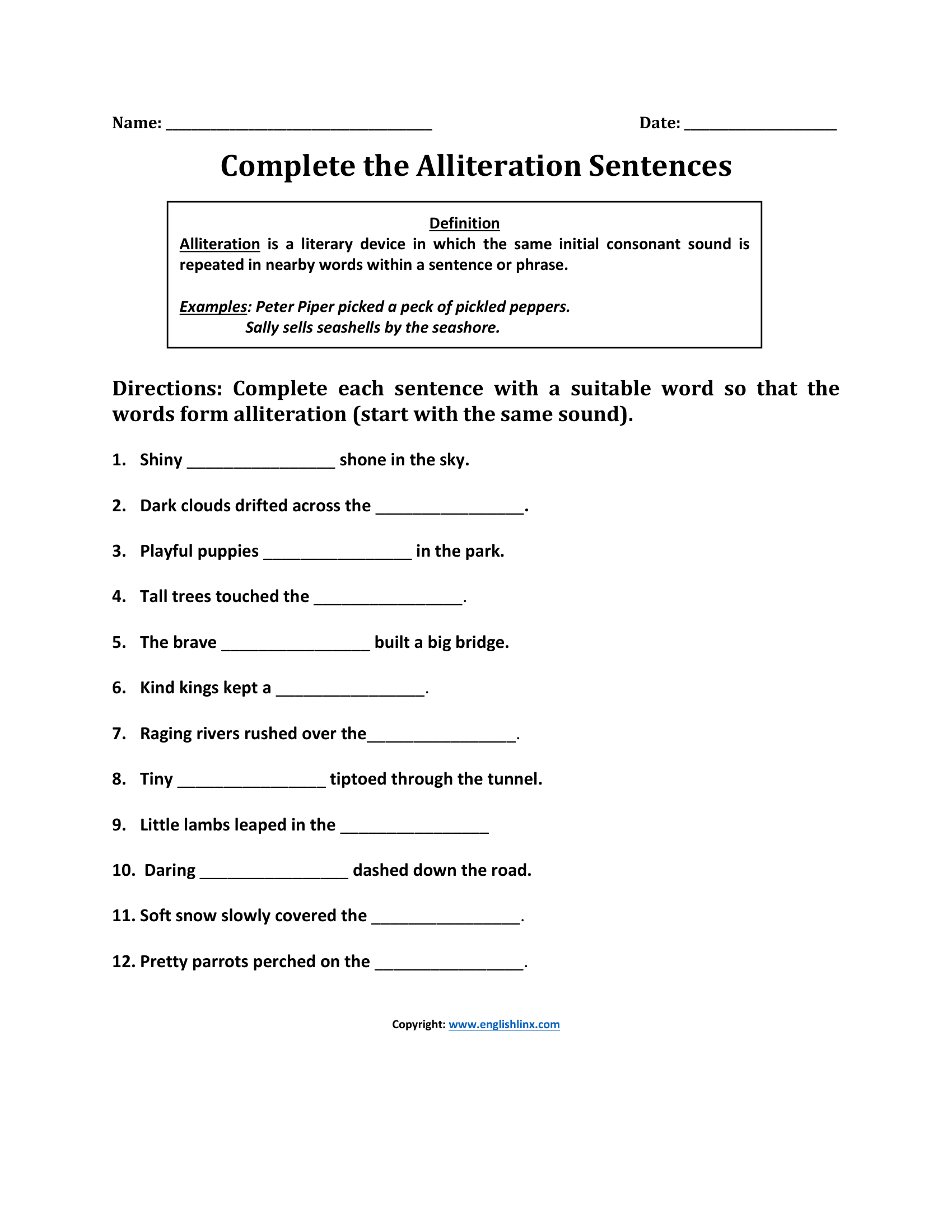 Complete Sentences Alliteration Worksheet
