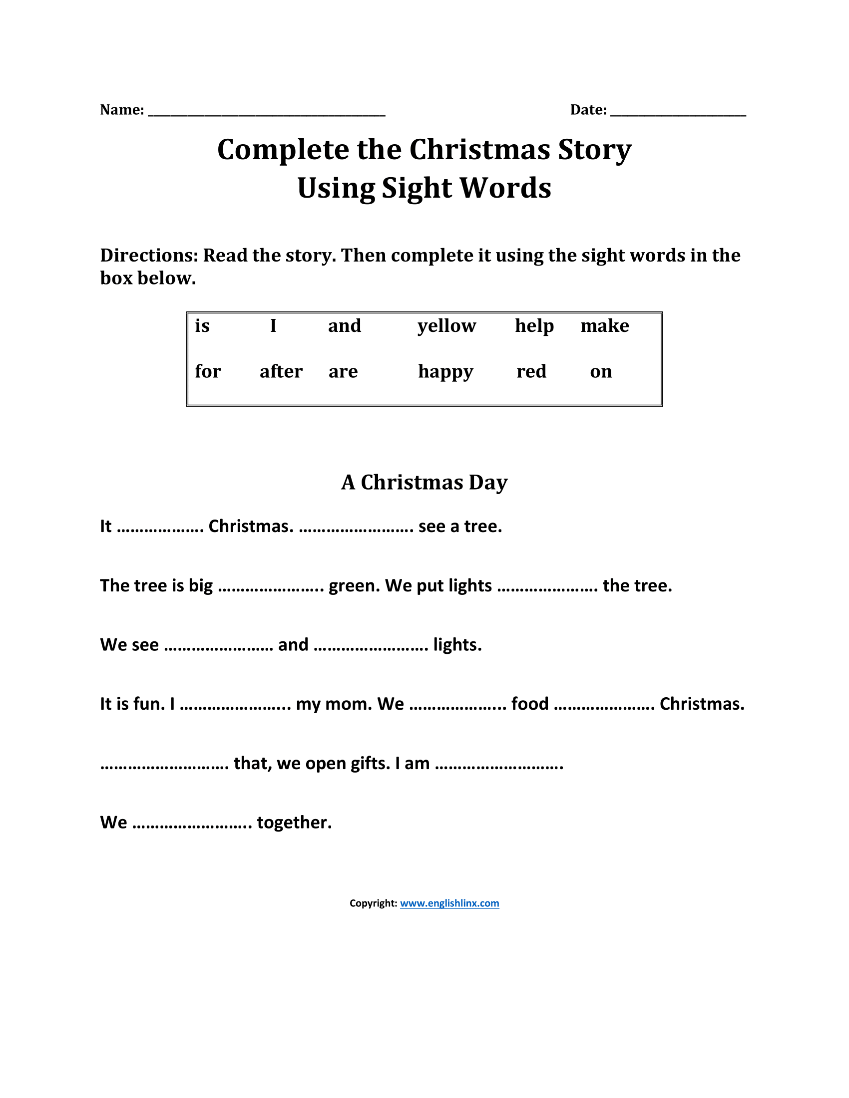 Complete Christmas Story First Grade Sight Words Worksheets