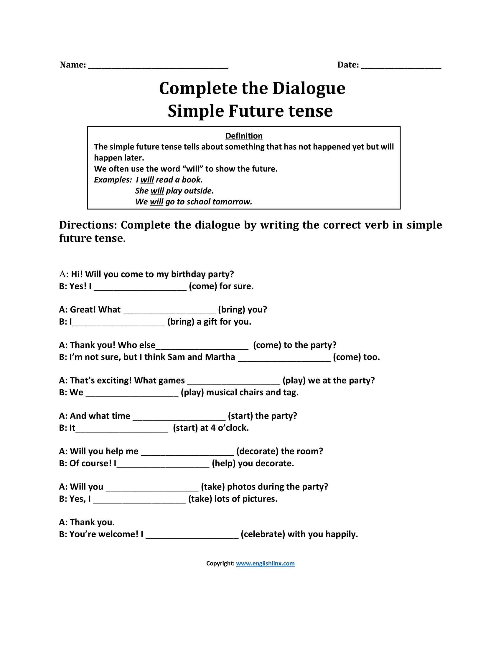 Complete Dialogue Simple Future Tense Worksheets