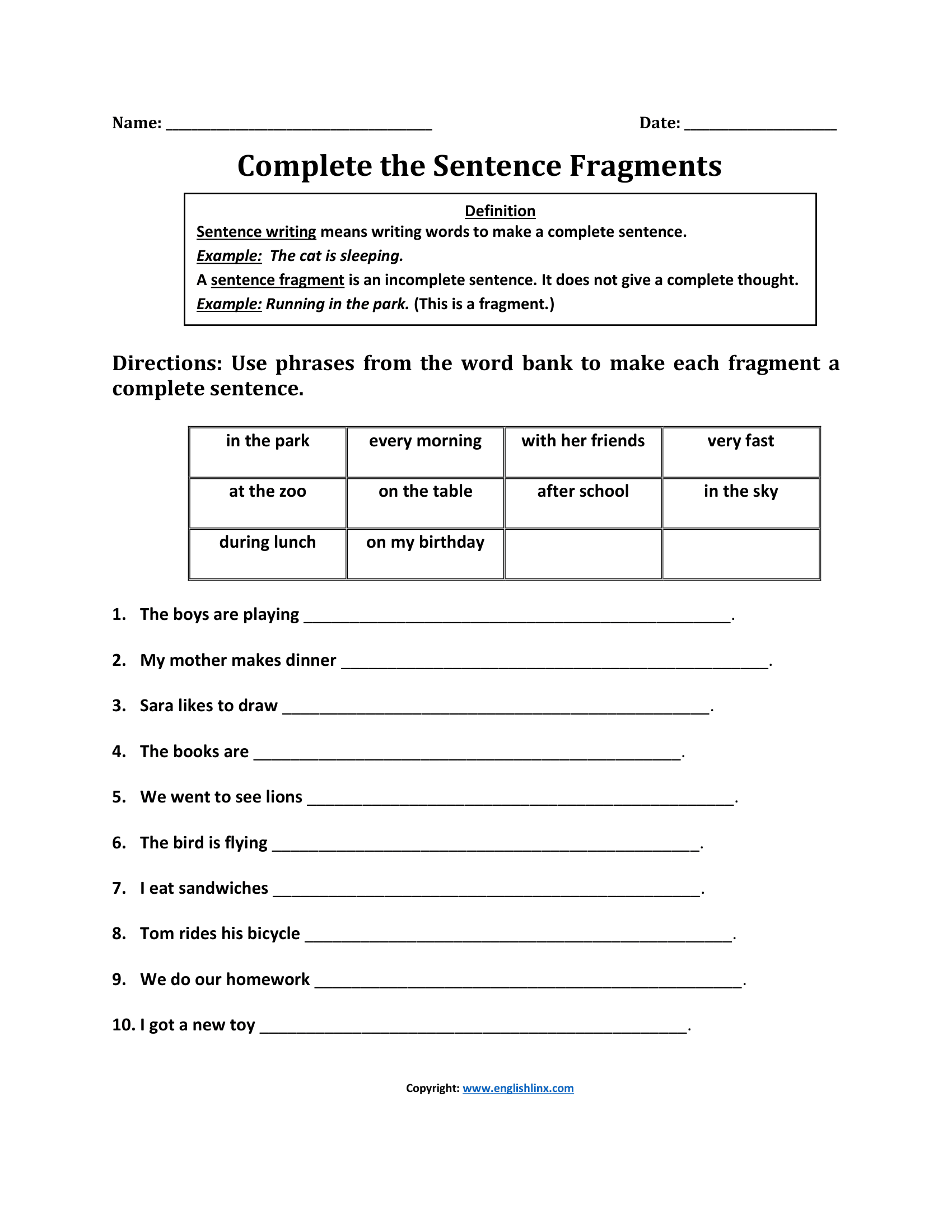 Complete Fragment Sentence Writing Worksheets