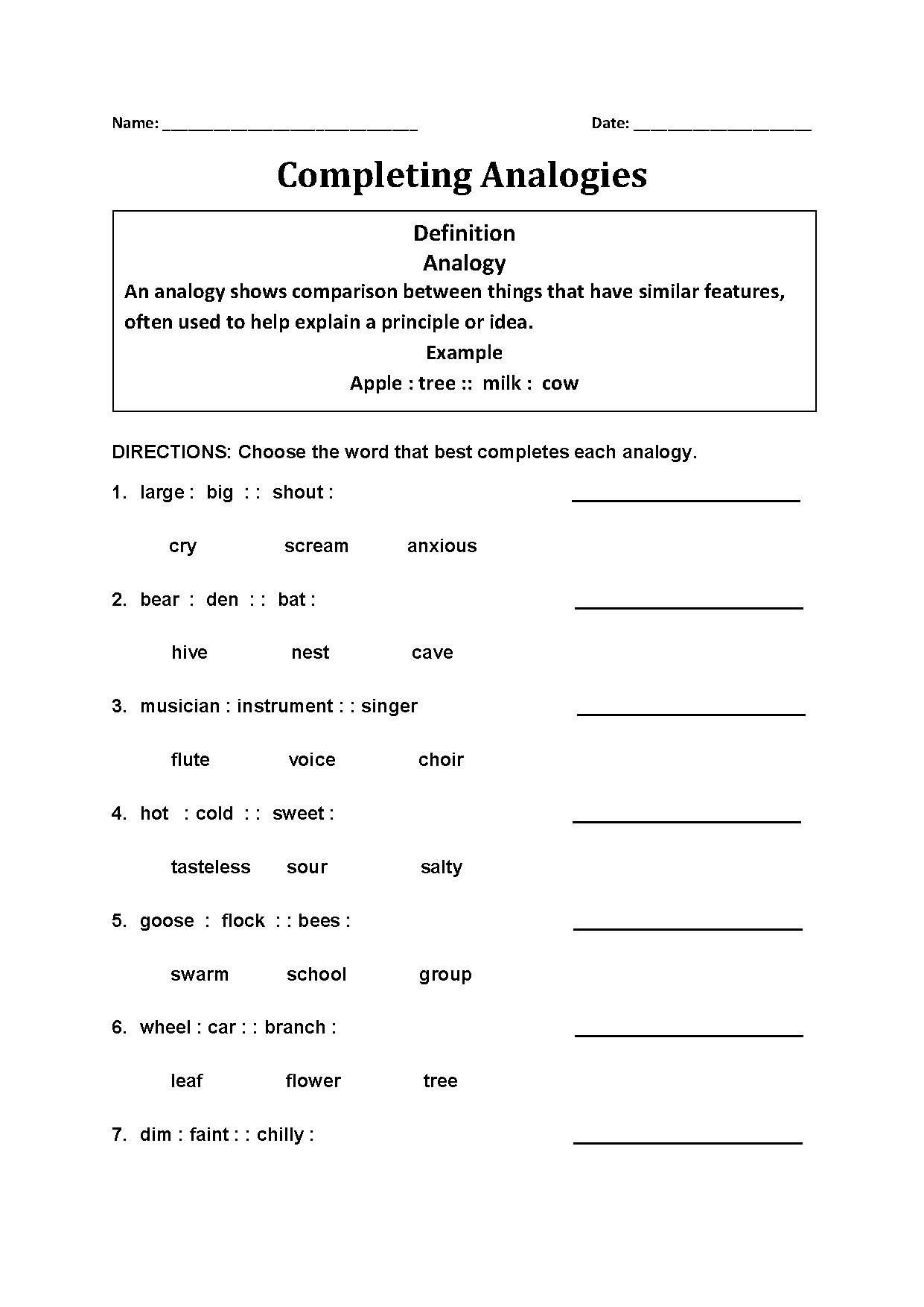 Completing Analogy Worksheets