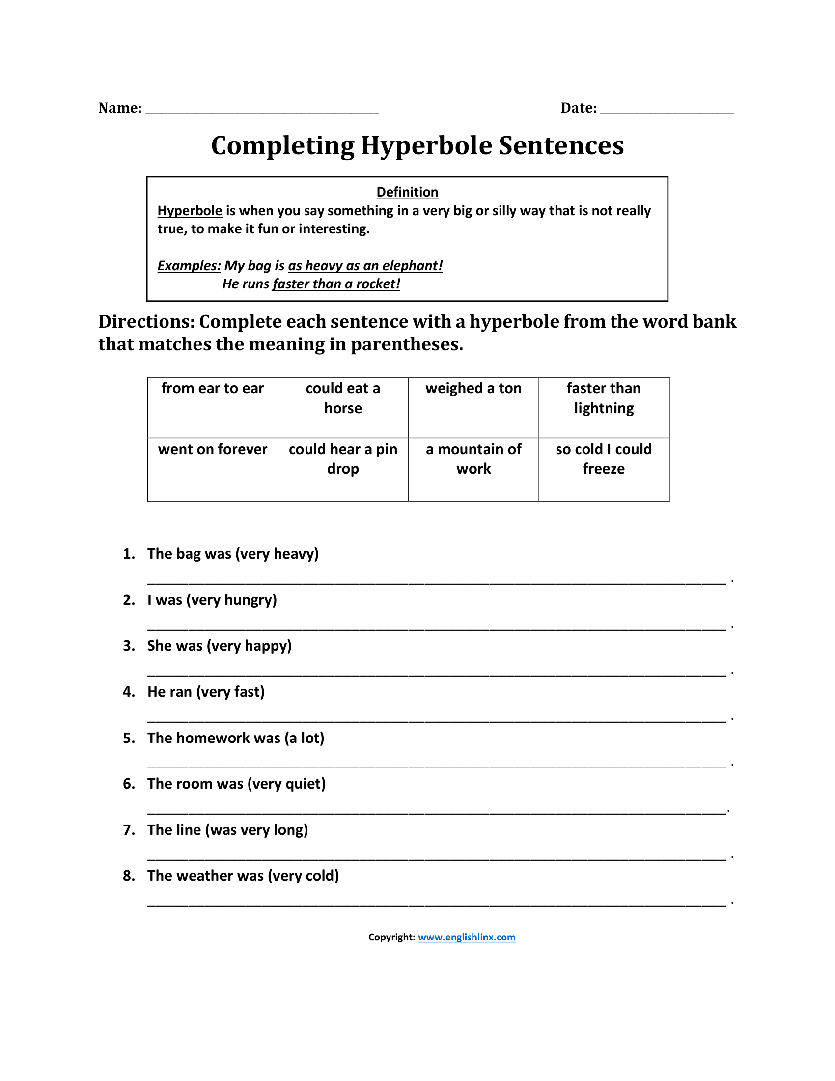 Completing Sentences Hyperbole Worksheets