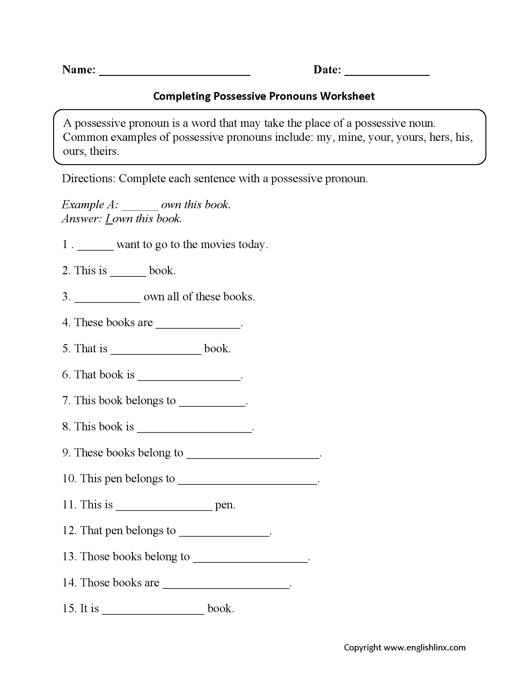 Completing Possessive Pronouns Worksheet