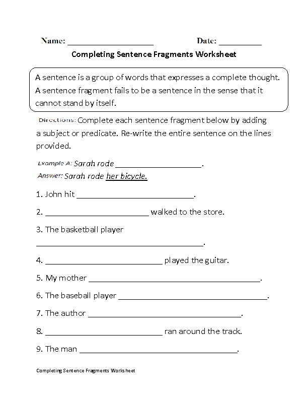 Sentence Fragments Worksheets Completing Sentence Fragments Worksheet