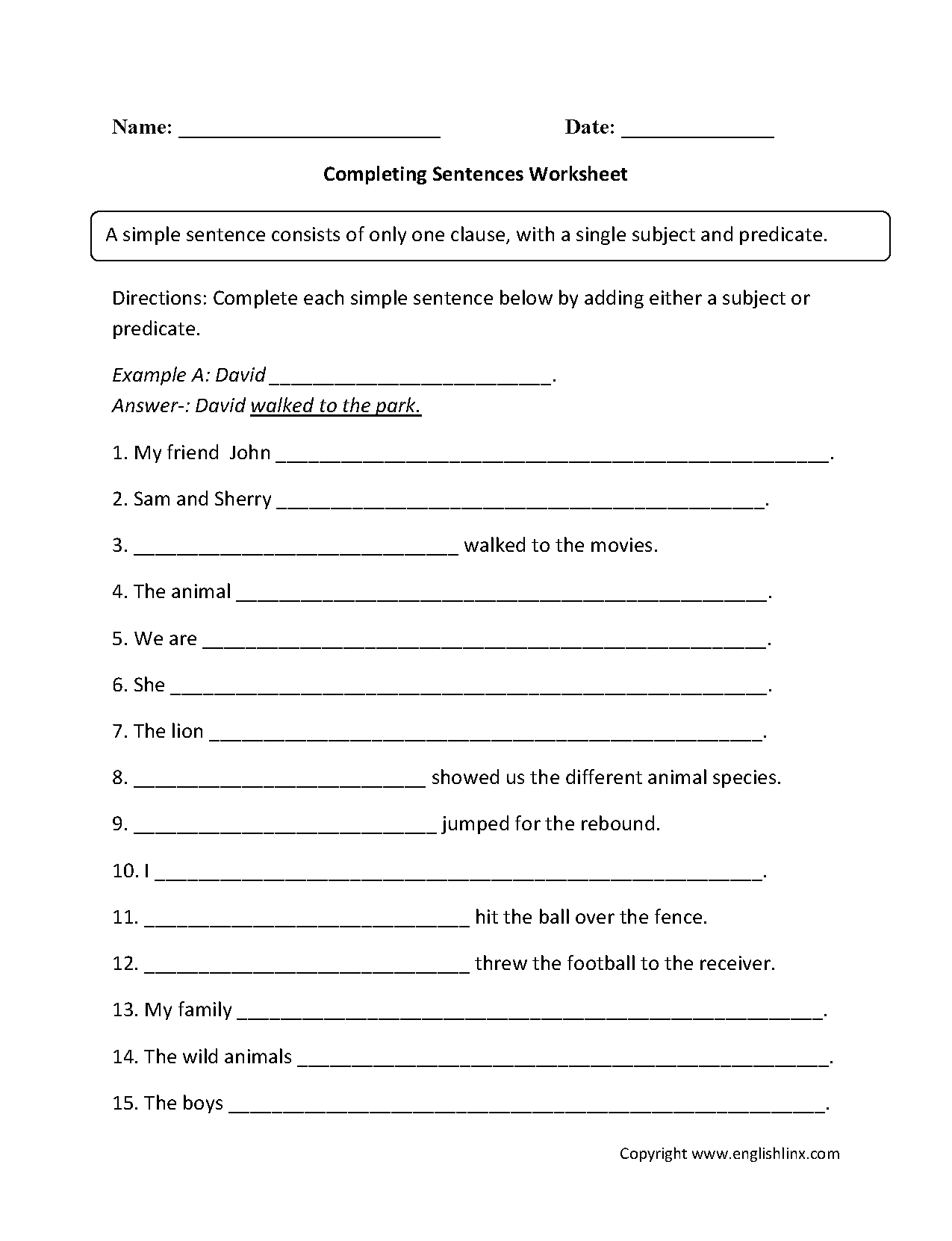Completing Sentence Worksheet