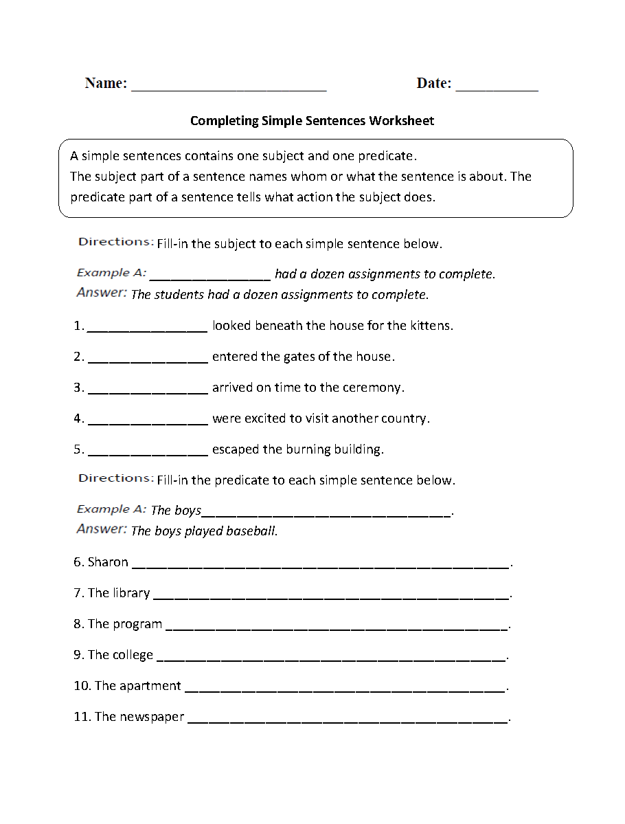 Completing Simple Sentences Worksheet