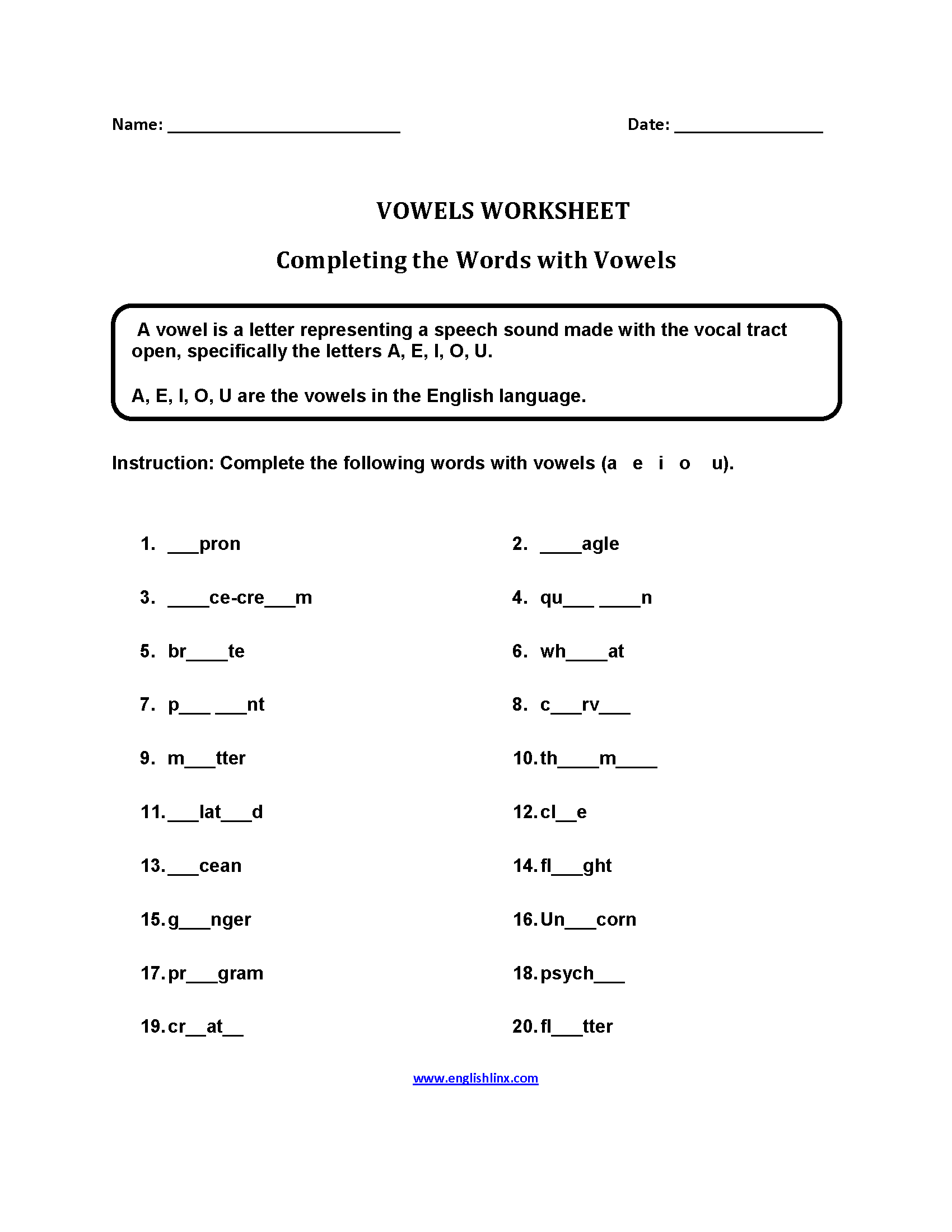 Completing Words Vowels Worksheets