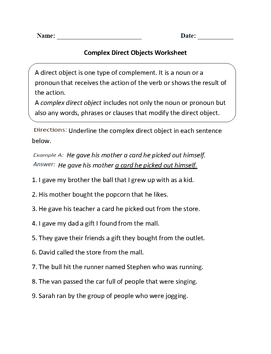 Complex Direct Objects Worksheet