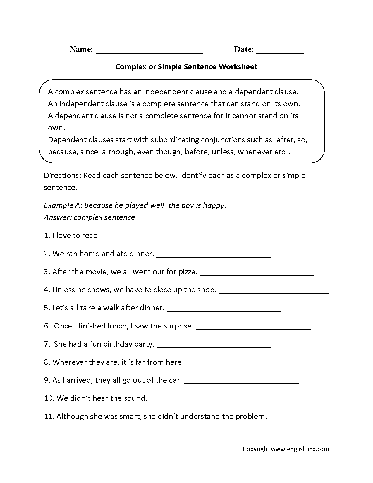 Complex or Simple Sentence Worksheet