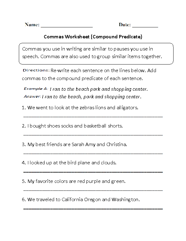 Compound Predicate Commas Worksheet