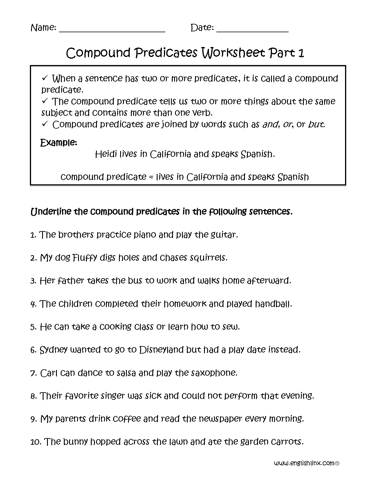 Compound Predicate Worksheet Part 1