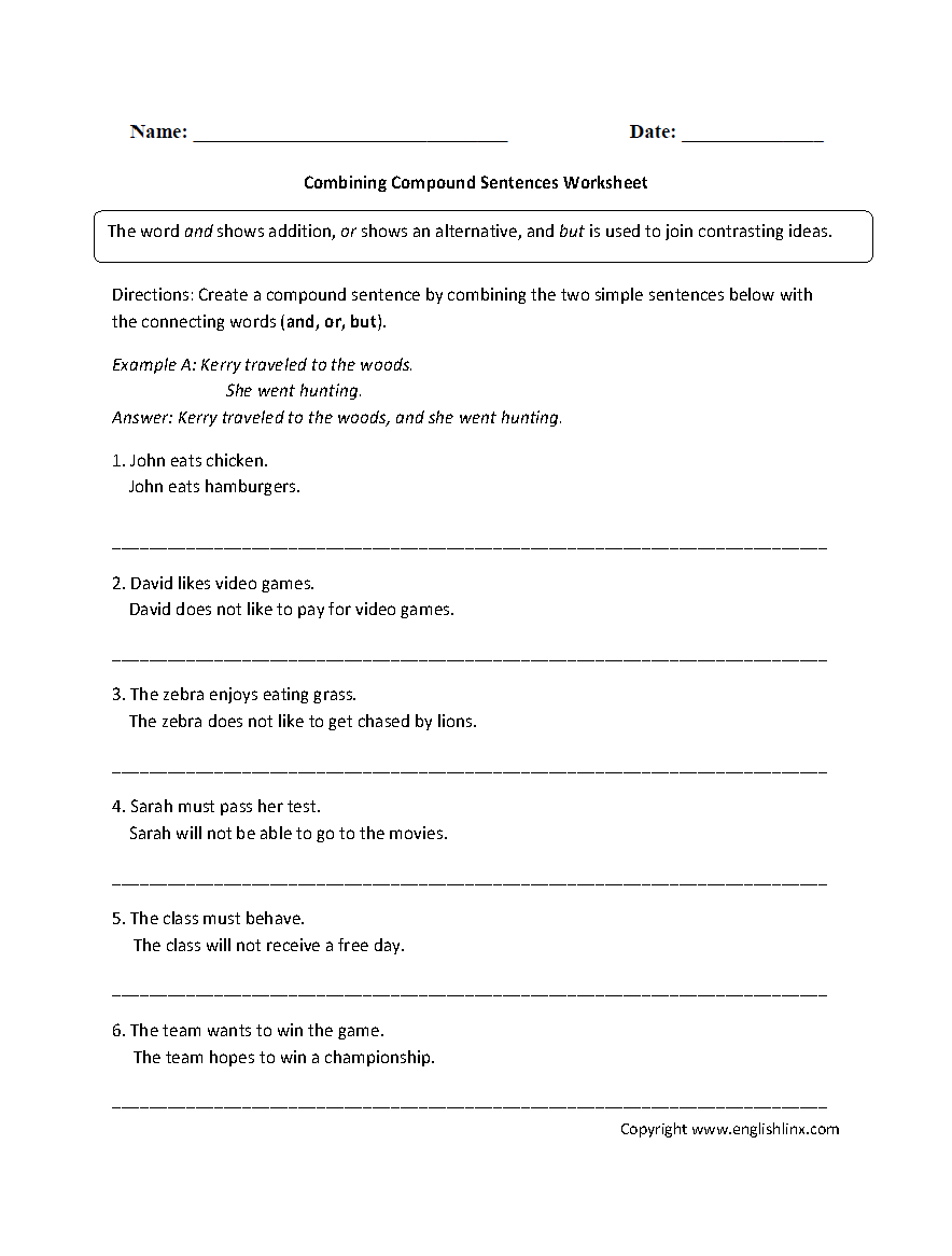 Compound Sentences Worksheets  Combining Compound Sentences Worksheet Intended For Compound Sentences Worksheet With Answers