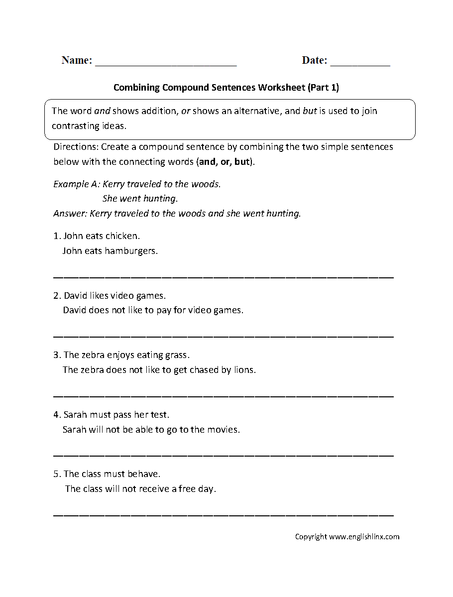 Compound Sentences Worksheets Combining With Compound Sentences Worksheet Part 1