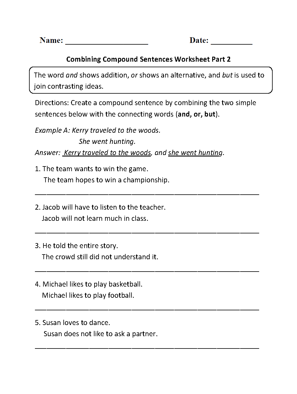 Combining Compound Sentences Worksheet Part 2