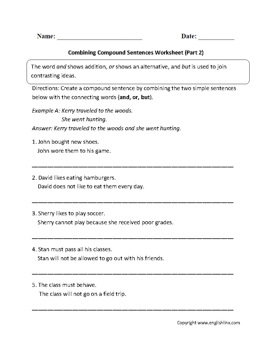 Compound Sentences Worksheets Combining With Compound Sentences Worksheet Part 2