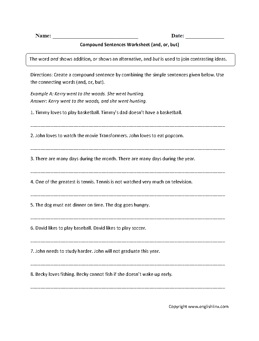 and,or, or but Compound Sentences Worksheet