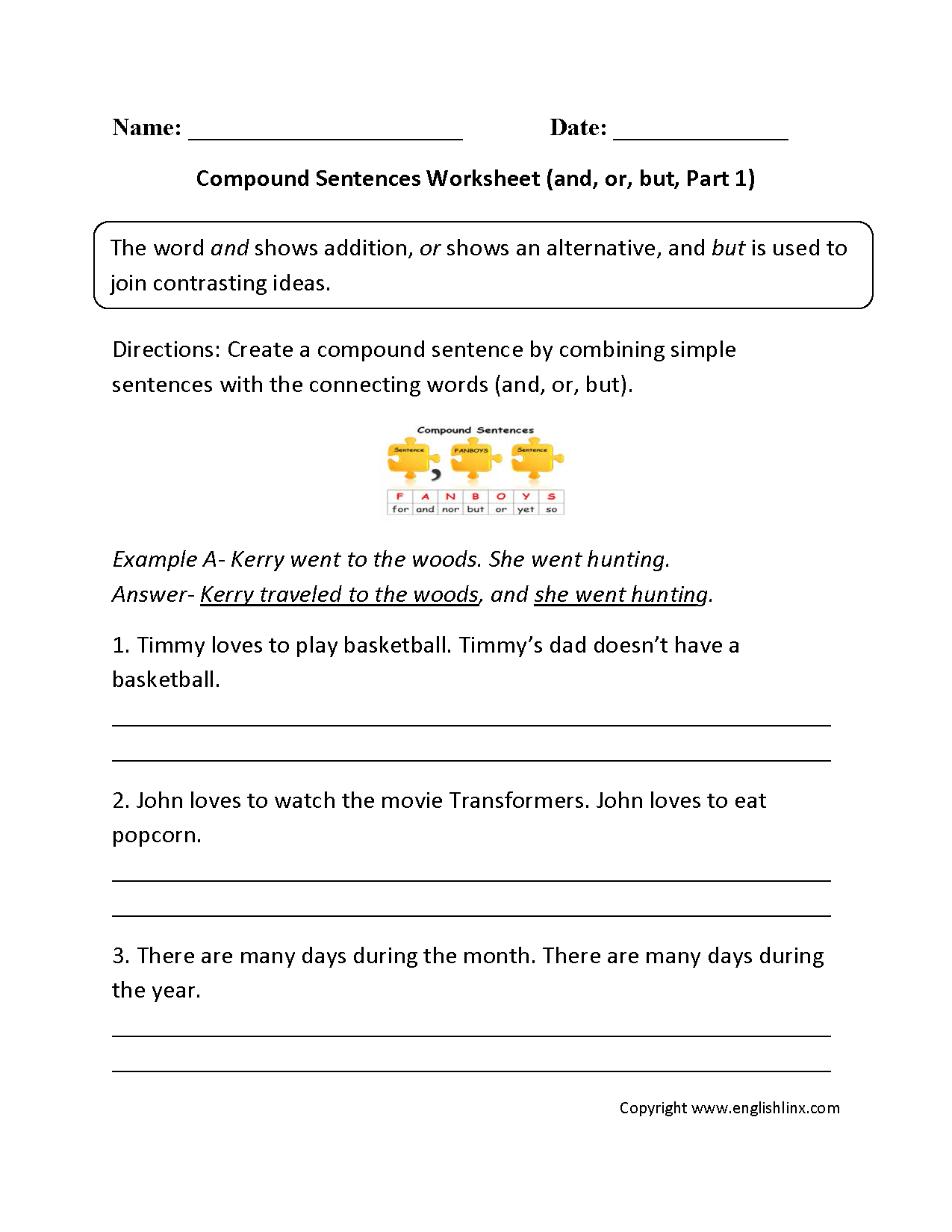 and,or,but Compound Sentences Worksheet