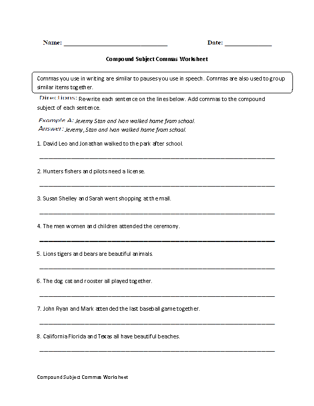 Compound Subjects Commas Worksheet