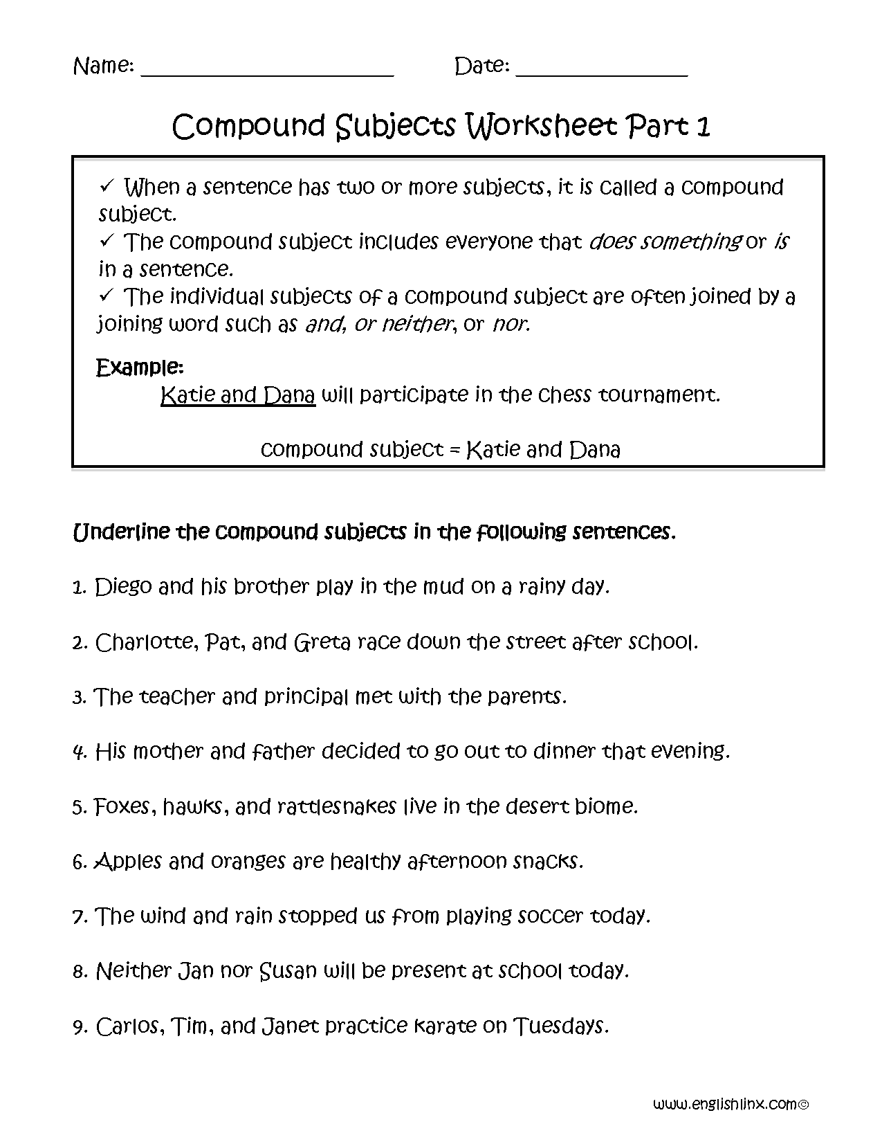Compound Subject Worksheet Part 1