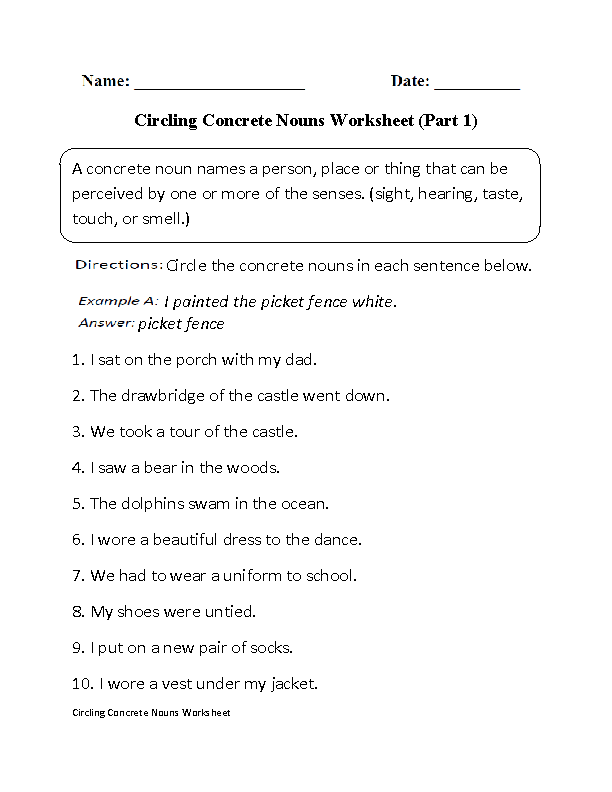 Nouns Worksheets Concrete Nouns Worksheets