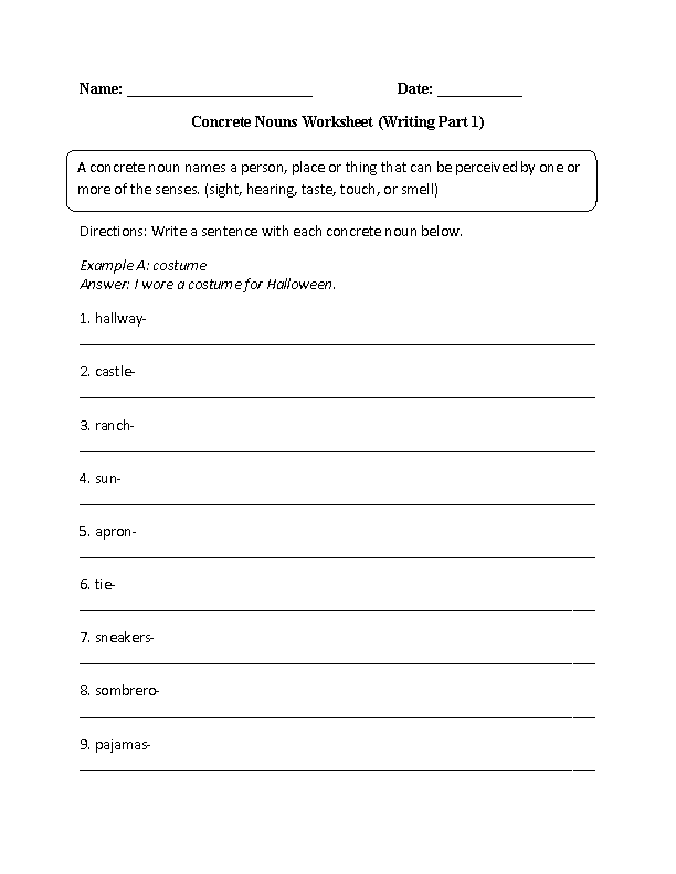 Writing with Concrete Nouns Worksheet