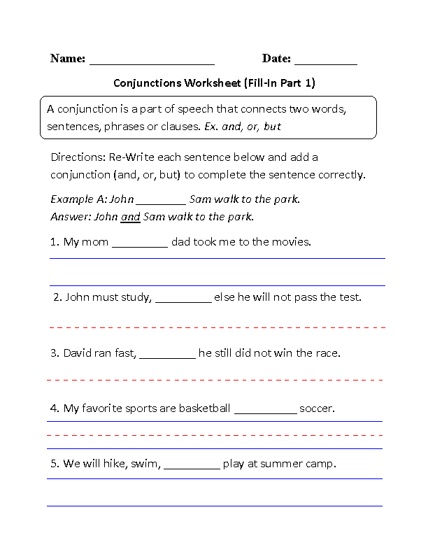 Conjunctions Worksheet Fill-In<br>Part 1