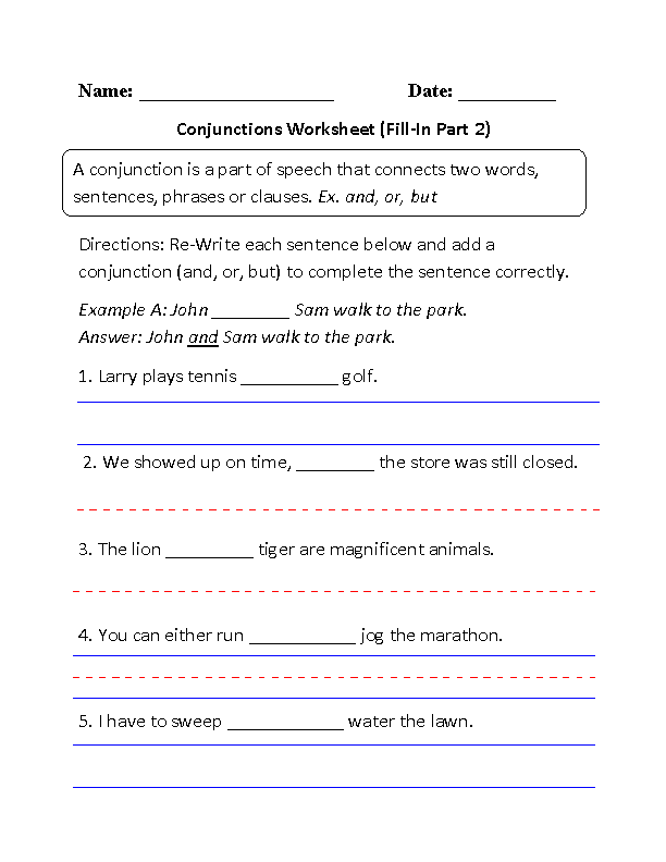 Conjunctions Worksheet Fill-In Part 2