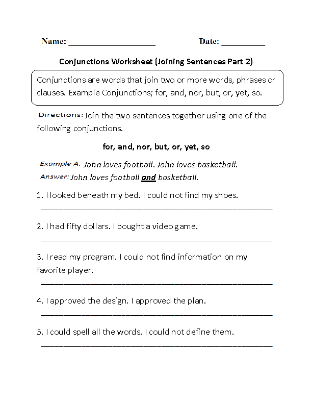 Conjunctions Worksheet Joining Sentences Part 2